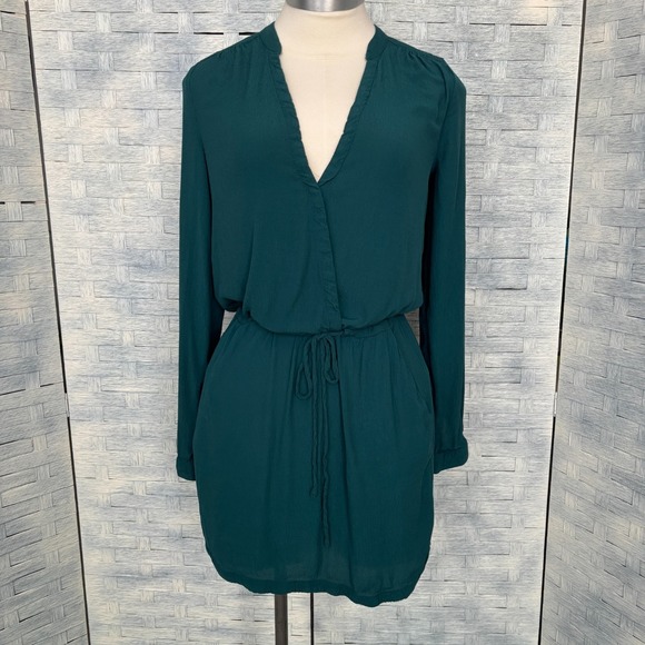 Mango Womens XS Shirt Dress Basics Green V‎ Neck Long Sleeve Drawstring Waist - Picture 2 of 9